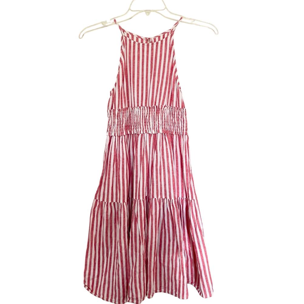 Zara Girls Red White Striped Tiered Midi Halter Dress Linen Size 11-12